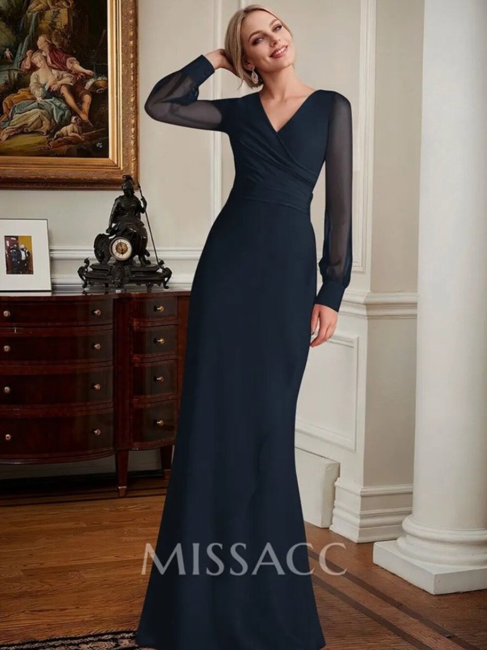NEW Navy Blue V-Neck Long Sleeves Chiffon Mother Of The Bride Dress 16W